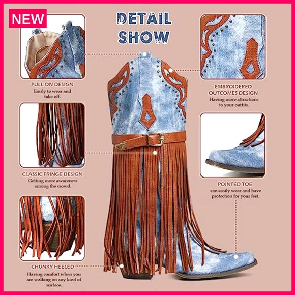 Western Booties Pointed Toe Chunky Heel Embroidered Fringe Pull-On Mid Calf - Picture 6 of 8